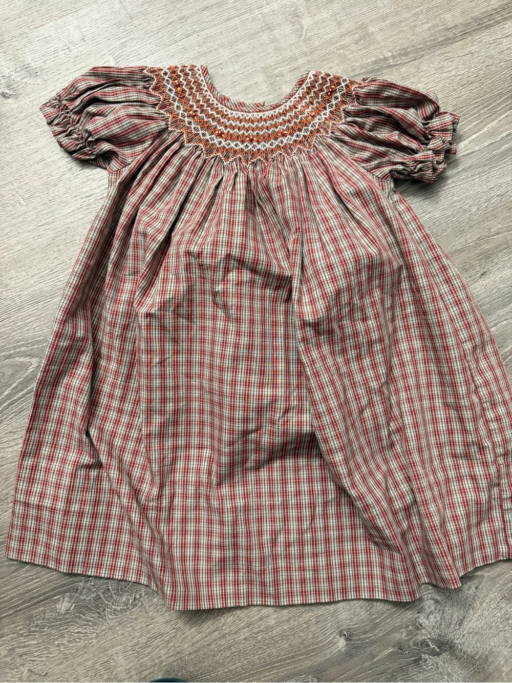 Smocked Red Plaid Puff Sleeve Girls Dress